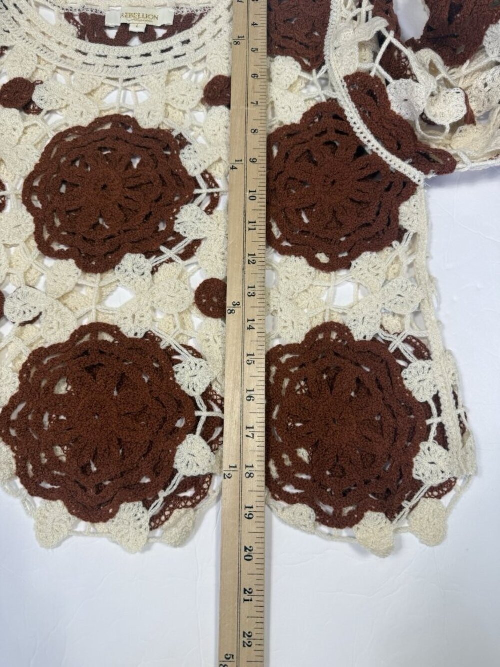 Rebellion Again Crochet Sweater Womens L Brown White Floral Open Boho Festival - Picture 10 of 11